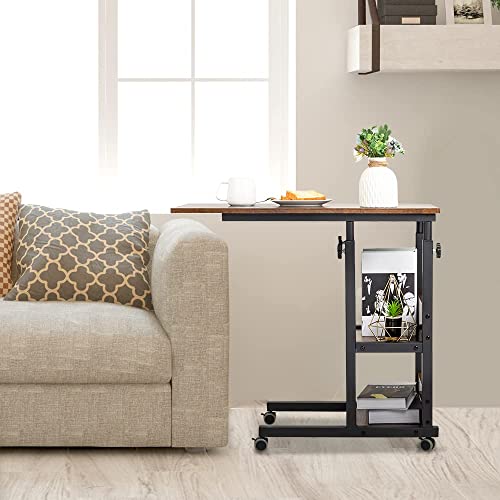 Hadulcet C Shaped Side Table Adjustable, Height Adjustable C Table With Wheels And Storage Shelves For Couch Bed Recliner Rustic Brown #TOP3