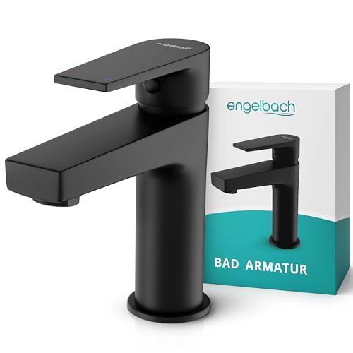 Engelbach Wasserhahn Bad Schwarz - 304 Edelstahl Waschtischarmatur mit langlebiger Keramikkartusche - inklusive 2 Schläuche & Anleitung Armatur Badezimmer