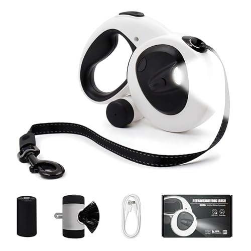 LULUPET 16Ft Retractable Dog Leash with LED Light, Heavy Duty Leash for Medium Dogs (20–66 lbs), 360° Tangle-Free, Built-in Poop Bag Dispenser