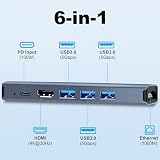 Koncentrator USB C Ethernet 6 w 1, 4K HDMI, LAN RJ45 1000 Mbp, PD100W, 3 x USB A 3.0 5 Gbps stacja dokująca USBC Multiport adapter do iPhone 16, MacBook Pro/Air, Galaxy S24, Steam Deck itd.