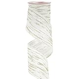 MEEDEE 4 Inch White and Silver Glitter on Cream Faux Birch Bark Wired Ribbon 10 Yard Roll Wide Rustic Christmas Tree Ribbon for Large Gift Wrapping, Holiday Decorations, Wreath Supplies, Mantel Decor