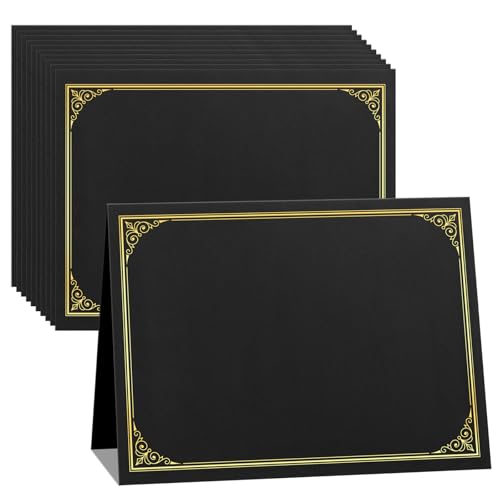 SUNEE 10 Packs Black Certificate Holders, 250gsm, for 8.5x11 Award Certificates, Certificate Covers with Gold Foil Border