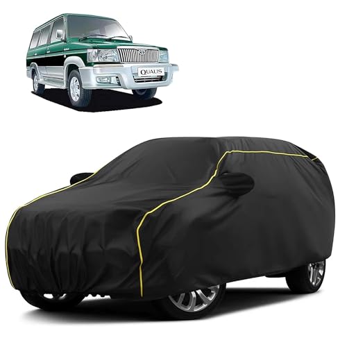 Image of Sulfar 100% Water Resistant Car Body Cover Compatible with Mirror for Toyota Qualis (Triple Stitched, Full Bottom Elastic, Black Taffeta with Yellow Piping)