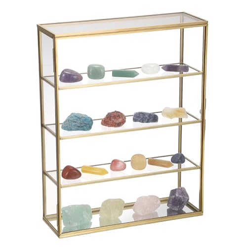 JUXYES 4 Tiers Tabletop Brass Glass Rock Display Case with Latch Door, Modern Clear...