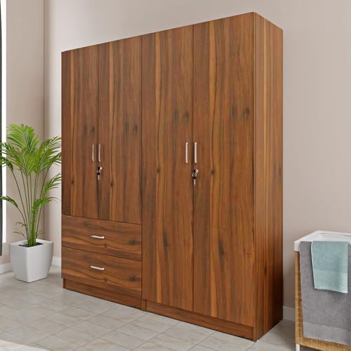 Image of VIKI Wardrobe | TuWooden Almirah for 4 Door 2 Drawer with Shelves & Hanging Space Wardrobe (Brussel Walnut - 40D x 160W x 180.8H) | 1 Year Warranty | Free Assembly