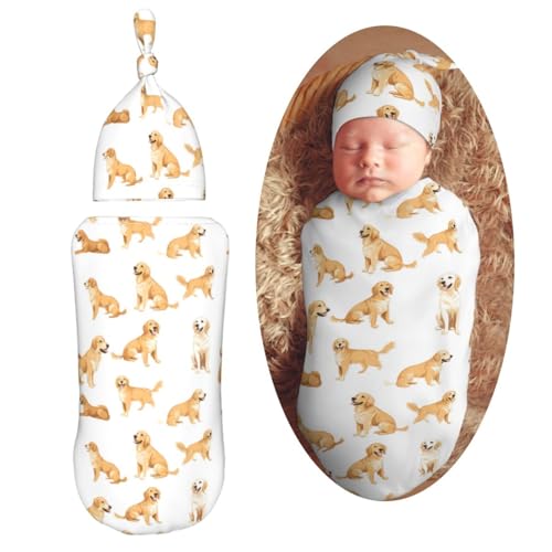 Image of Painting Golden Retriever Newborn Swaddle Blankets Hat Sets Soft Baby Receiving Blanket Swaddle Sack for Baby Shower Infant Boy Girl Gift