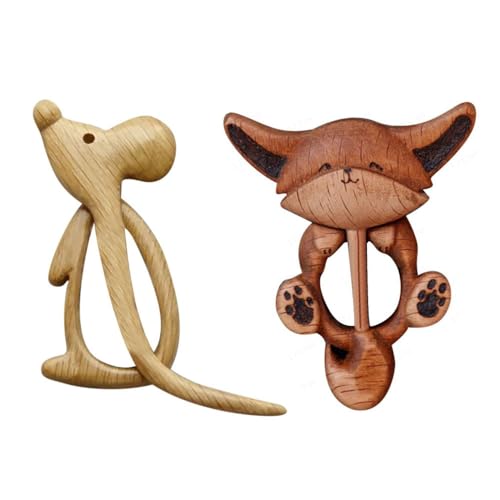 Image of Pokinge 2Pcs Wooden Carving Brooch Pin Cartoon Animal Sweater Brooch Cute Wood Carved Scarf Buckle Women Shawl Pin Creative Craft Gifts For Girls