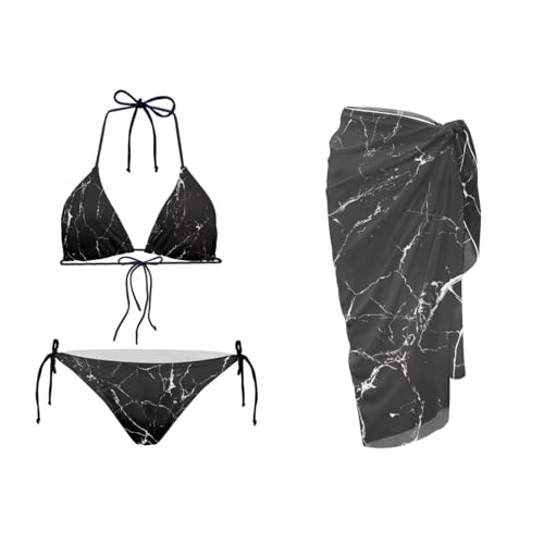 UNICEU Black Marble Print Swimsuit Sets for Women with Cover Up Slimming Sexy Tie Bikini Set Fashion Comfortable Bikinis Coverup for Beach Pool