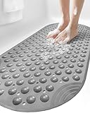 DEXI Bathtub Mat Non Slip 16x35, Shower Floor Mats for Bathroom Bath Tub, Washable Oval Bathmat with Suction Cups and Drain Holes, Gray