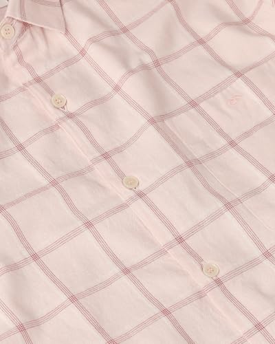 Image of MUFTI Men Smart Casual Shirt | Slim Fit Full Sleeve Spread Collar Windowpane Checks | Cotton Linen Blend Button Placket with Embroidery for Office Wear