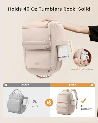 Image of LOVEVOOK Laptop Backpack for Women with Large Capacity Cup Pocket, 15.6 inch Work Purse Travel Bag for Teacher Nurse, Waterproof Computer Business Back Pack, Bookbag for College, Nude