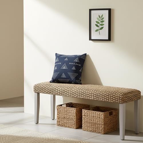 Image of Solid Wood Acacia Indoor Bench with Natural Woven Water Hyacinth Seat, Wood Bench for Living Room or Entryway, Vintage Bench, Fishbone Style, Plait Style with Grey Leg