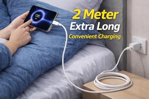 Image of USB Type-A to Type-C Fast Charging Cable, 120W SuperVOOC, Nylon Braided, 2 Meters, White (1, 200, Centimeters)