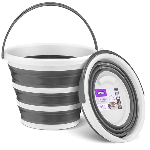 Image of Superio Collapsible Bucket 2 Gallon Bucket with Handle Grey Car Wash Bucket Small Foldable Silicone Pail for Camping, Fishing, Cleaning, Mopping, 10 Liter