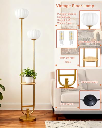Image of Lightdot 63IN Gold Floor Lamp Dimmable Standing Lamps with Tray Pumpkin Bulbs Included Unique U-Pole Mid Century Modern Tall Lamp with 5Lbs Heavy Base for Living Room /Party /Sofa Beside /Corner Decor