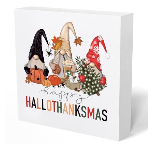 UNCDLV Happy HalloThanksMas Gnomes Wooden Box Sign, Fall Halloween Thanksgiving Christmas Decorations for Home Office Desk Table Shelf Tabletop Decor, Cute Fall Decorations, 5x5 Inch