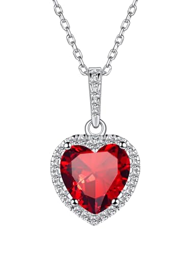 Bestyle 925 Sterling Silver Love Heart Cut Cubic Zirconia Halo Necklaces, Brilliant Created July Ruby CZ Birthstone Necklace Pendant for Women