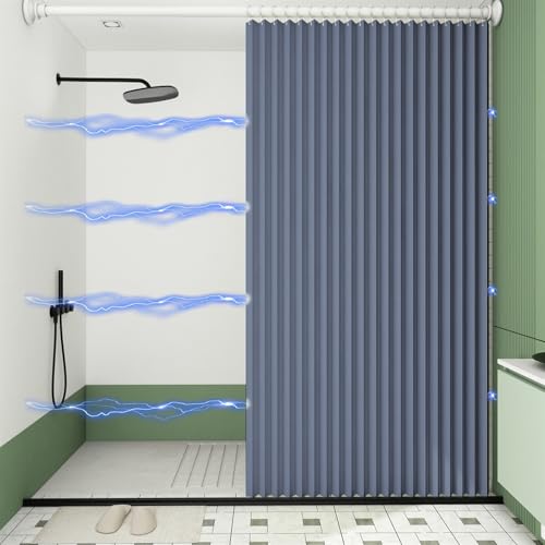 Haoyunll Cortina de Ducha Plegable Magnética Antimoho Impermeable para Ducha A RAS de Suelo, Cortinas de Ducha de Tela Plisada Lavables, 220g/m², Gris Azul, 200x180cm