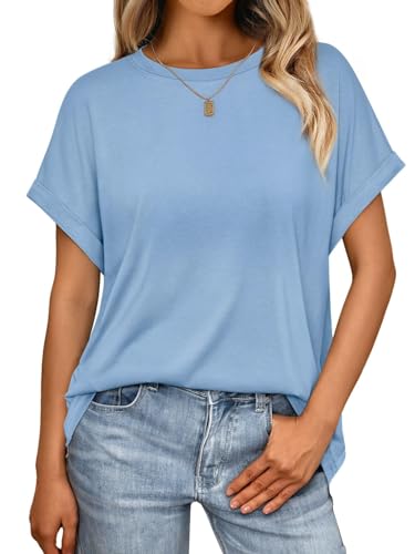 Image of Cuptacc T Shirts for Women UK Crew Neck Spring Casual Ladies Tops Loose Breathable Comfort Tee Shirt Thin Moisture Wicking Plain Tunics Sky Blue 12-14