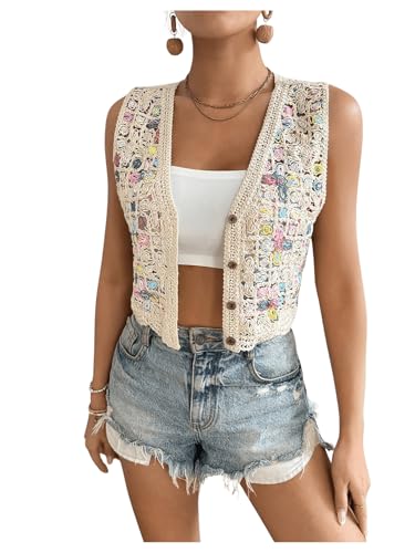 GORGLITTER Strickweste Damen Leicht Kurz Vintage Weste Ärmellos Jacke Stickerei Weste Häkeln Cardigan Herbst Weste Mit Knöpfen Beige L