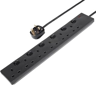 Invero 6 Way Gang Individually Switched Power Mains Extension Lead Cable 2M Metre British Approved 13A Amps - Black