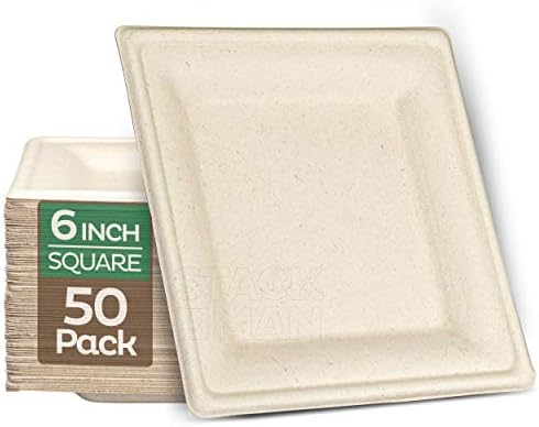100% Compostable Square Paper Plates [6x6 inch - 50-Pack] Elegant Disposable Plates Heavy-Duty Quality, Natural Bagasse Unbleached, Eco-Friendly Made of Sugar Cane Fibers, 6" Biodegradable Plate