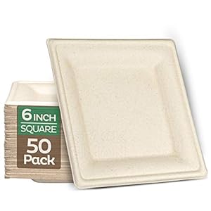 100% Compostable Square Paper Plates [50-Pack] – {PFAS-Free} – {BPI Certified} – [6 Inch] Heavy Duty, Eco-Friendly, Biodegradable Bagasse Dinner Plates – Natural Brown 6″ Plate by Stack Man