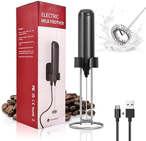Rechargeable Milk Frother Handheld for Coffee, Electric Drink Mixer Wand with USB Wall Mounted Stand, Mini Whisk Hand Blender Foam Maker for Bloom Greens, Matcha, Frappe, Kitchen Gadgets