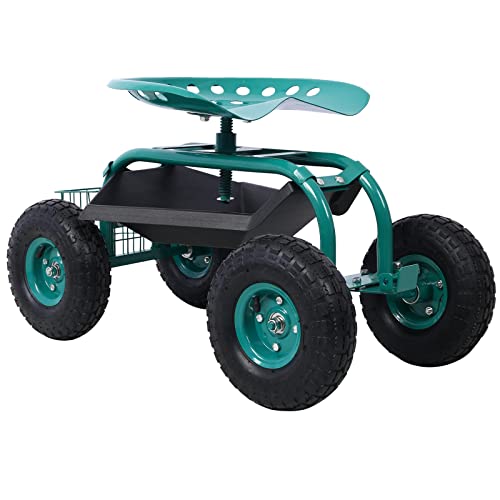 Rolling Garden Cart Wagon Scooter Lawn Yard Patio Work Seat Gardening Stool Cart With Extendable Steer Handle And Storage Basket, Adjustable 360° Swivel Seat (Green) #TOP1