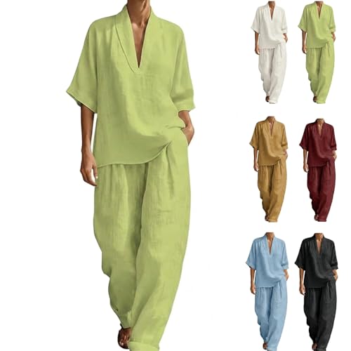 2026 New Women's Casual Cozy Minimalist Linen 2 Piece Set Top and Pants Summer Travel Vacation Outfits (yellow-green,x_l)