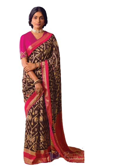 THATH BANARAS Women Paithani And Brasso Silk Printed Saree with Designer Blouse Piece (Color:- Black & Pink)