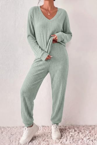 EKOUAER Women's 2 Piece Long Sleeve Lounge Set Ribbed Knit Pajamas Set — view 3