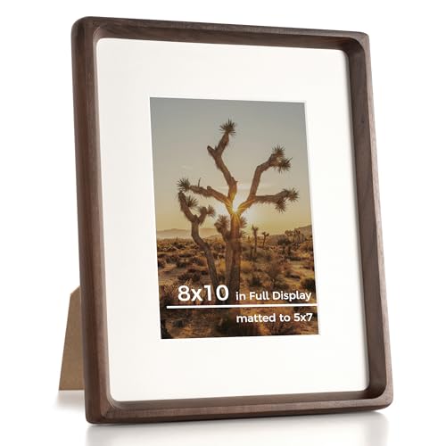 RICHFOCUS 8x10 Picture Frame USA-Sourced Natural Walnut Solid Wood Photo Frame Handcrafted Rounded Corner Wooden Frame with Real Glass Display Photos 5x7 with Mat or 8x10 Without Mat