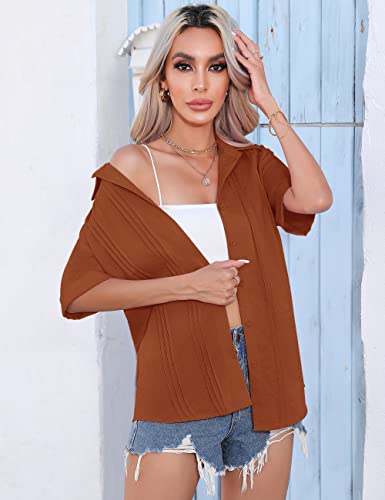 Vvk Women's Button Up Shirts Cotton Short Sleeve Blouses V Neck Casual Tunics Solid Color Tops Caramel Large #TOP3