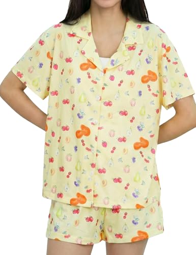 Buxitt Avenue Djerf Pajamas Womens Short Sleeve Pajama Sets Fruit Flower Print Sleepwear 2 Piece Spring Cute Button Up V Neck Pjs