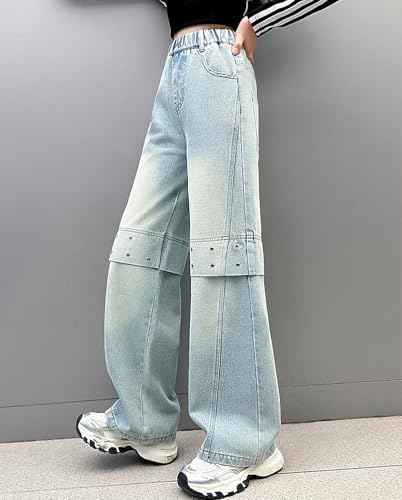 Girls Baggy Jeans Elastic Waist Cute Wide Leg Hip Hop Denim Pants Kids Jeans Streetwear Y2k 5-14Y3
