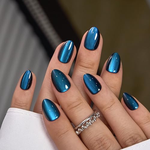 Image of CurvLife Short Oval Press On Nails, Blue, Blue Cat, Soft Gel