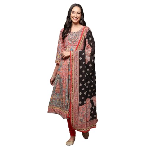 BIBA Women's Printed Anarkali Salwar Kurta Dupatta(Skdfolk Tal9035_Red_38) - Cotton