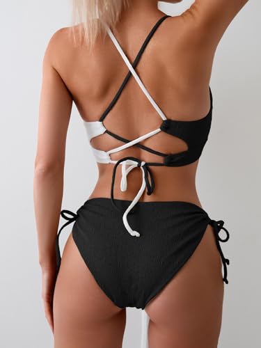 Image of B2prity Tie Bikini Top Set Sexy Push Up 2 Piece Swimsuit Color Block Bathing Suit Full Coverage Swimwear for Curvy Women