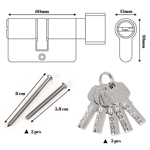 Hengsong Profil-Knaufzylinder Schließzylinder Zylinderschloss 30/30 Metallsilber-Knaufzylinder inkl. 5 Schlüssel L6cmx B1.5xmxH3cm für hengsong alle für Arten von Türen aus Zinklegierung