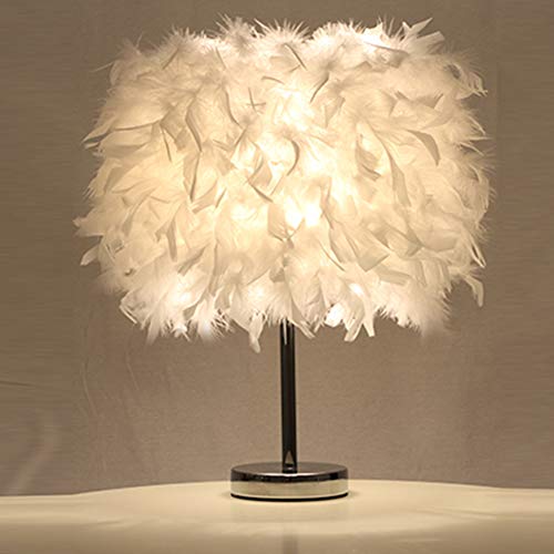 Preisvergleich Produktbild ZAK168 Feder-Tischlampe, modern, elegant, Nachttisch, einzigartiger Feder-Lampenschirm, LED-Nachtlampe für Wohnzimmer, Hochzeit, Schlafzimmer, Heimdekoration, weiß, eu plug