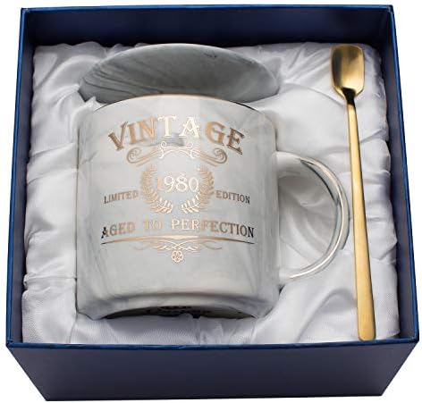 1980 40th Birthday Gifts for Women and Men Ceramic Mug - Funny Vintage 1980 Aged To Perfection - Anniversary Gift Idea for Him, Her, Mom, Dad Husband or Wife - Ceramic Marble Cups 11.5 oz (Grey)
