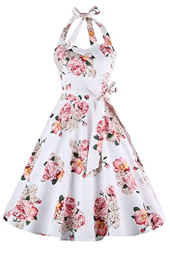 Topdress Womens Vintage Polka Audrey Dress 1950s Halter Retro Cocktail Dress Pink Flower M