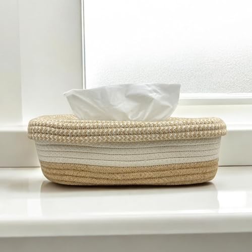 Image of BOBBINY Jute Cotton Tissue Box Holder, Handcrafted Tissue Container for 100 Pulls Natural Tissue Holder for Office Living Bedroom Car Desk Dining Table Home Decor (Off White & Brown, Design 7)