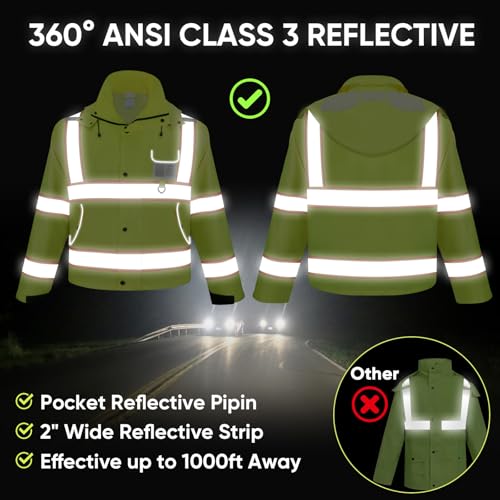 Image of TICONN Reflective Rain Jacket, Waterproof ANSI Class 3 Hi Vis Safety Coat | PU Coating Rain Coat, 360 Reflective Strips, Adjustable Cuffs, Large Utility Pockets, Fits Men and Women