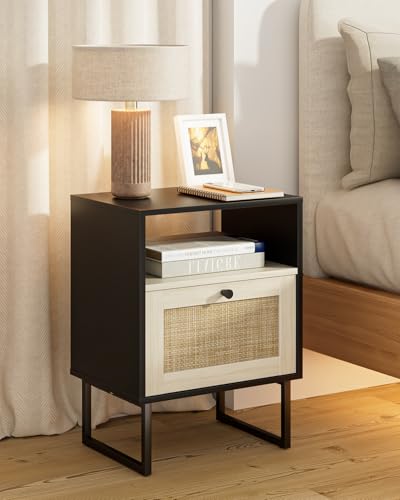 Image of Rattan Nightstand, Boho Night Stand Farmhouse Wood Bedside Table with Storage and Open Shelf, End Side Accent Table for Bedroom,Living Room,Black and Oak
