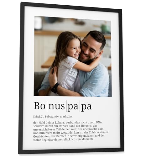 Papierschmiede® Personalisierte Geschenke Bonuspapa, Definition mit Foto in DIN A3 (30x42 cm) Rahmen wählbar fertig gerahmt, Persönliches Bild Geschenk für Stiefvater zum Vatertag, Geburtstag