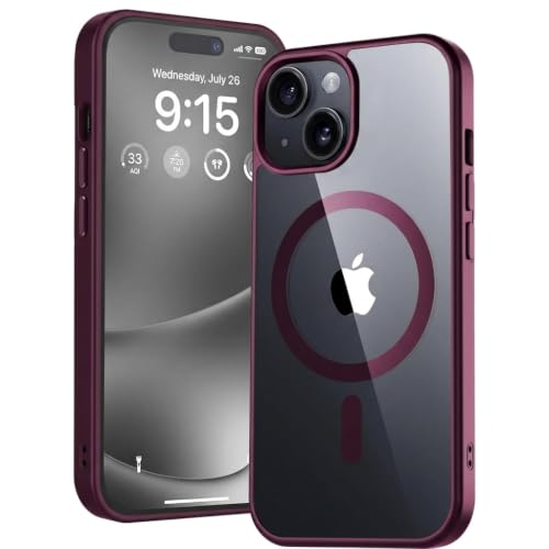 Image of DIZORO iPhone 14 Case,Compatible with MagSafe, Non Yellow Military-Grade Drop Protection & Hard PC Back Cover Slim Transparent Anti-Scratch Shockproof Phone Case - Wine Red