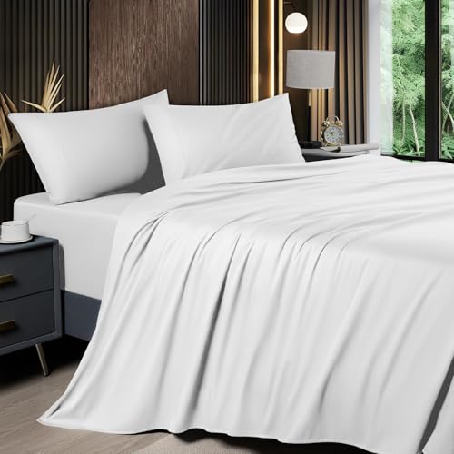 Image of Shilucheng 4 Piece King Sheet Sets, Cooling Sheets, Blend Rayon Derived from Bamboo, Deep Pocket Up to 16 inch, Breathable & Soft Bed Sheets, Hotel Silky Bedding Set, White