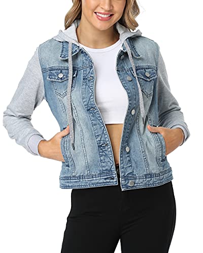 MISS MOLY Women's Hooded Jean Jacket Drawstring Layered Washed Long Sleeve Sweatshirt Hoodie Denim Jacket w 2 Pockets